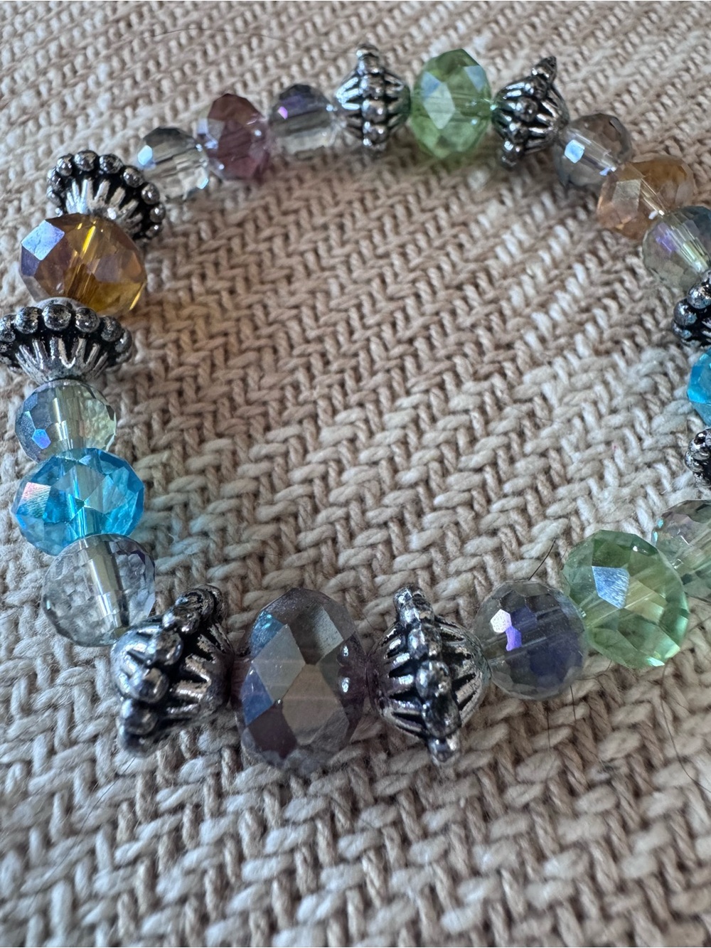 Multicolor Faceted Glass Bead Stretch Bracelet - Silver Accent